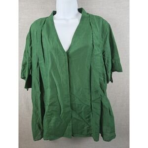 Chicos Silk Blend Blouse L Button Up‎ Forest Green Flowy Tailored Tie Sleeve